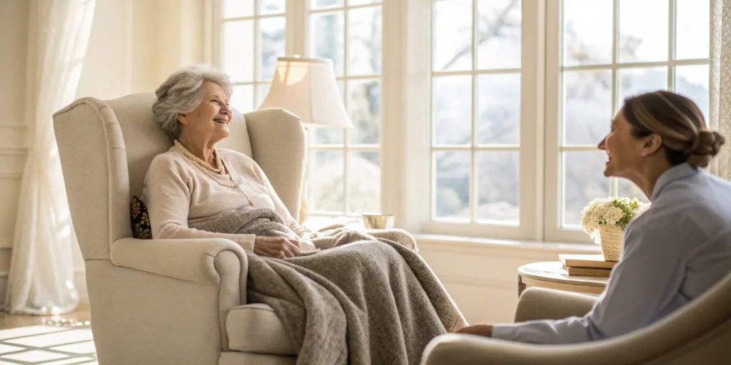 A caregiver provides Alzheimer's home care for an elderly woman in New Jersey.