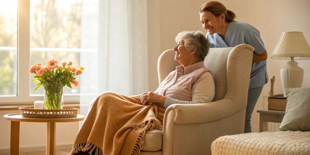 A live-in caregiver providing support and companionship to an elderly woman at home.