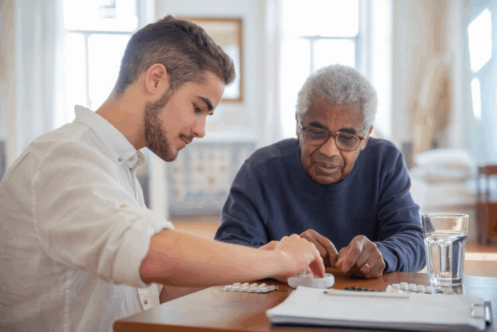 A young man assigning medicine to a senior citizen.