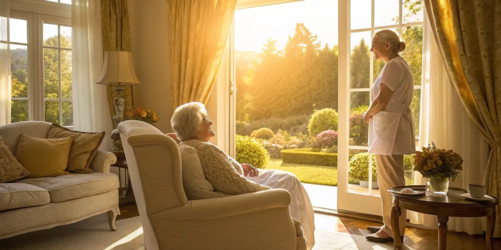 In-home caregiver assisting an elderly woman, a service based on an hourly care cost.