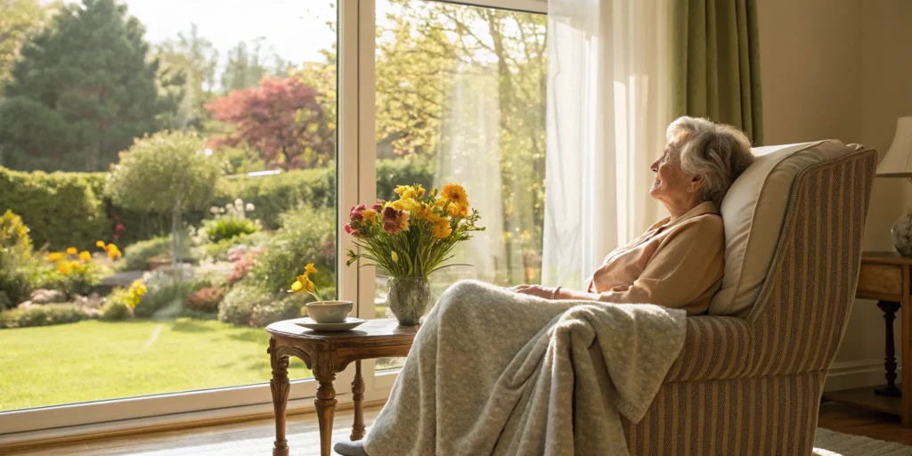 Elderly woman receiving post hospital care services at home in New Jersey, relaxing in a chair.