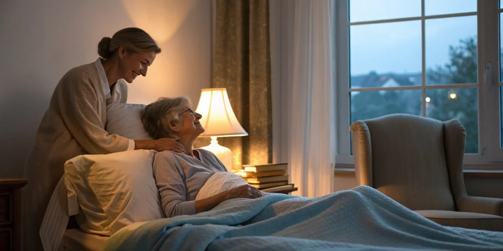 Overnight caregiver assisting elderly woman in bed.