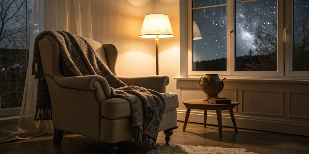 A safe living room at night for an overnight caregiver for an elderly person in New Jersey.