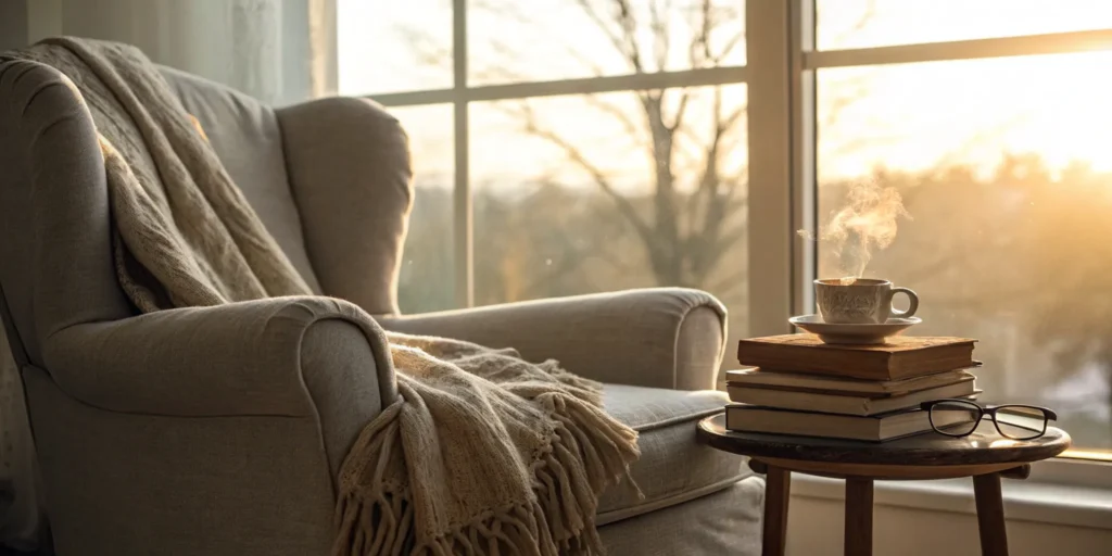 Overnight caregiver comforts: Armchair, blanket, sunrise.