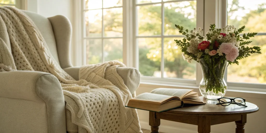 A comfortable living room setting for receiving palliative home care in New Jersey.