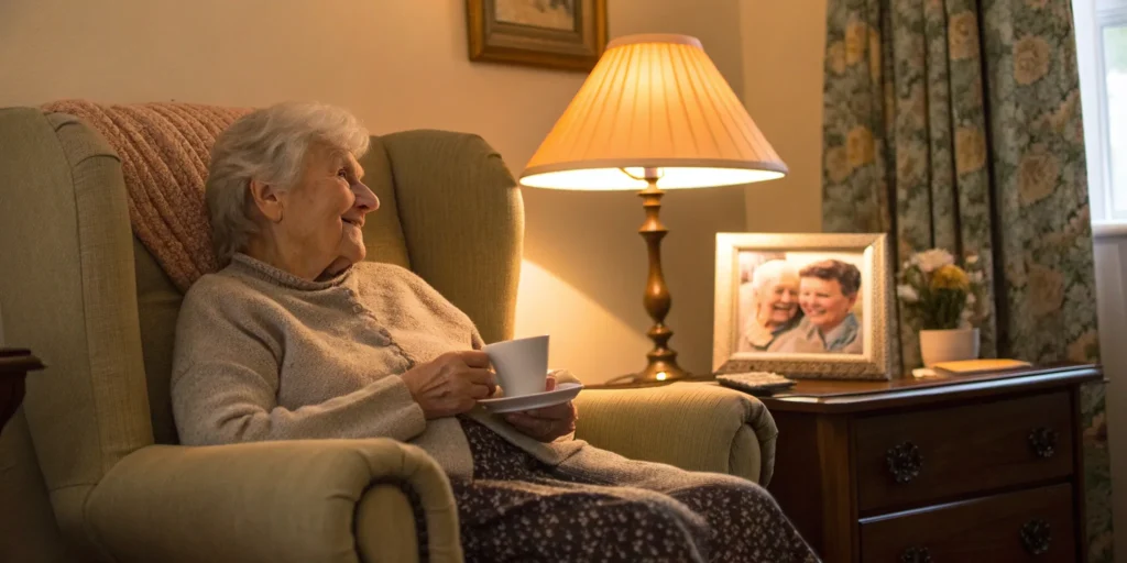 The cost of overnight senior care for an elderly woman resting peacefully in her home at night.