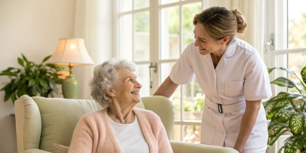 Caregiver helping an elderly woman walk safely at home to prevent falls.