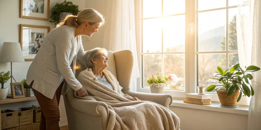 A caregiver helping a woman at home during the 24 hours of support needed after surgery.