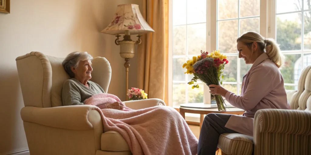 Senior woman receiving personal care assistance from a professional caregiver at home.