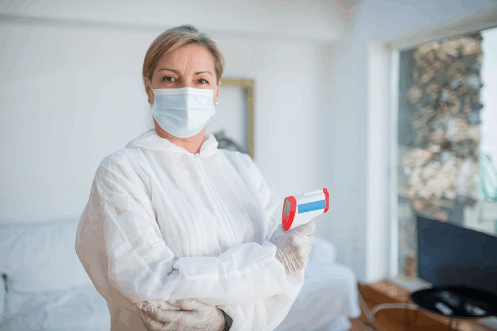 A caregiver in protective equipment