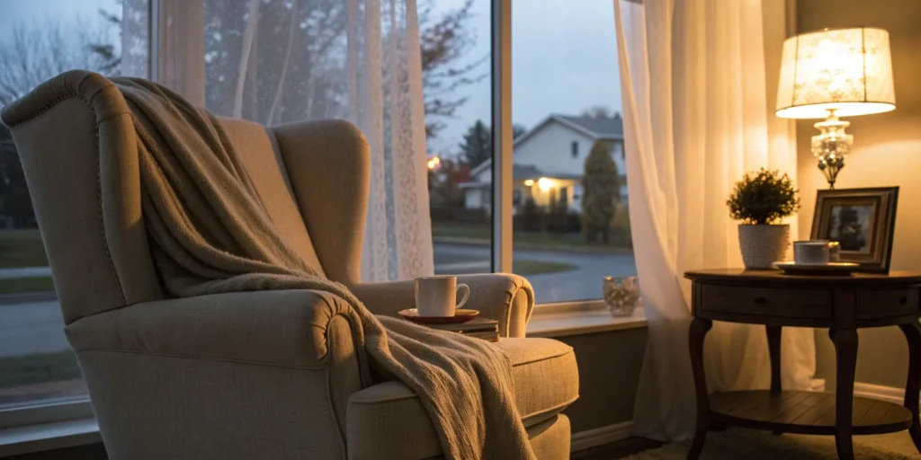 A peaceful living room at night, a setting for understanding the cost of an overnight caregiver.