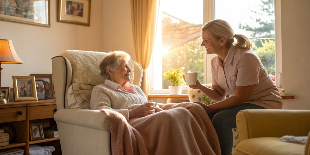 Senior woman and her full-time caregiver smiling together at home.