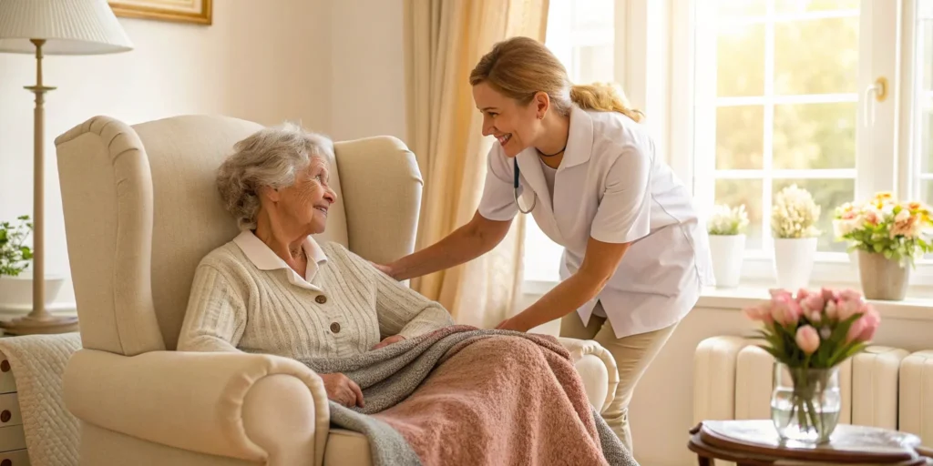 A full time home health aide providing compassionate care to an elderly woman in her home.