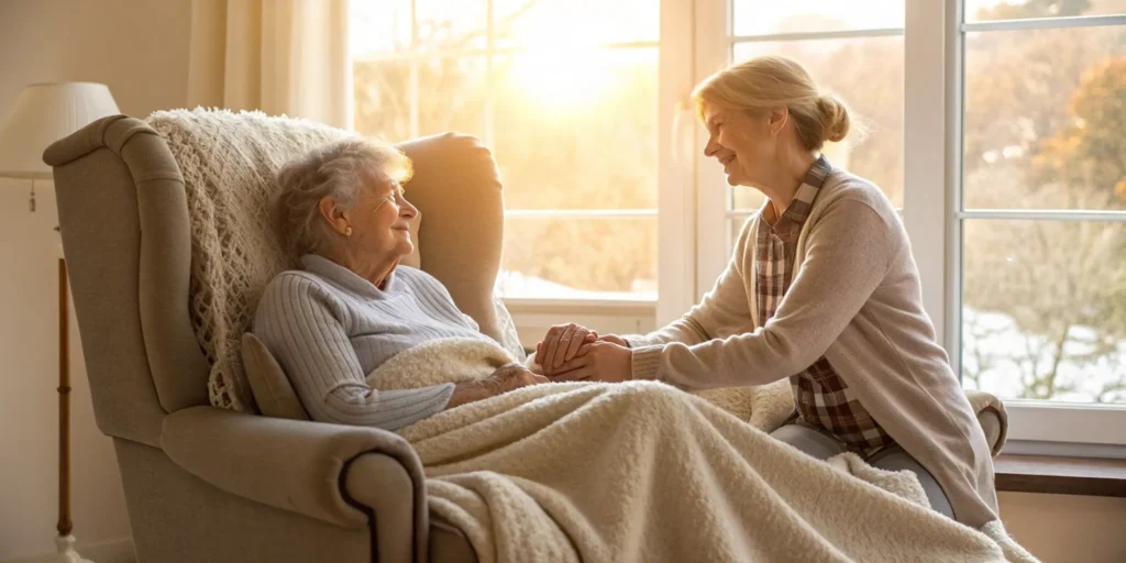 Caregiver providing dementia care at home by holding an elderly woman's hands.