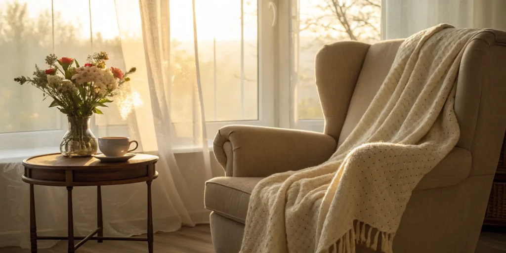 A cozy chair and side table prepared for a comfortable at-home surgery recovery.
