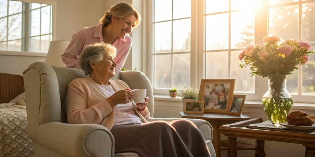 A live-in caregiver for seniors sits with an older woman, sharing a cup of tea in her home.