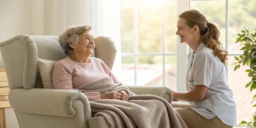 Caregiver supports an elderly woman experiencing deterioration after a fall.