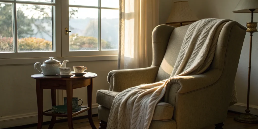 A cozy armchair by a window offering a moment of support for a dementia caregiver.