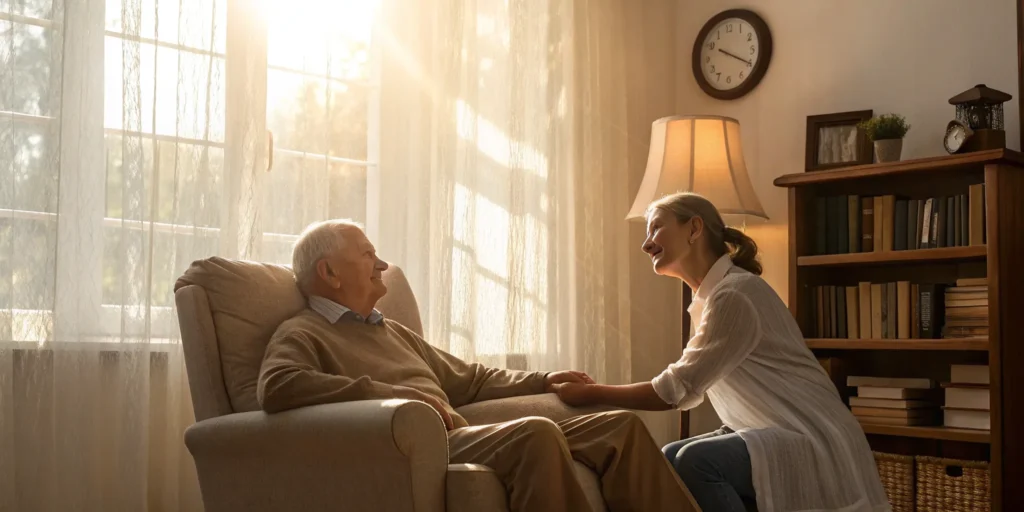 Senior man with Alzheimer's receiving home care, smiling and holding hands with his caregiver.