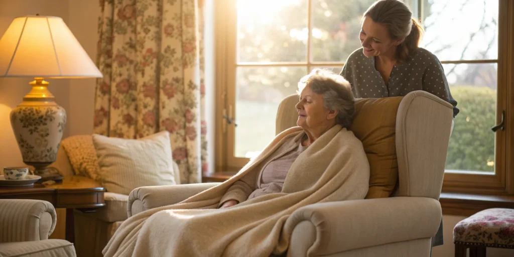Woman receiving focused rehab and home health care from a supportive caregiver.