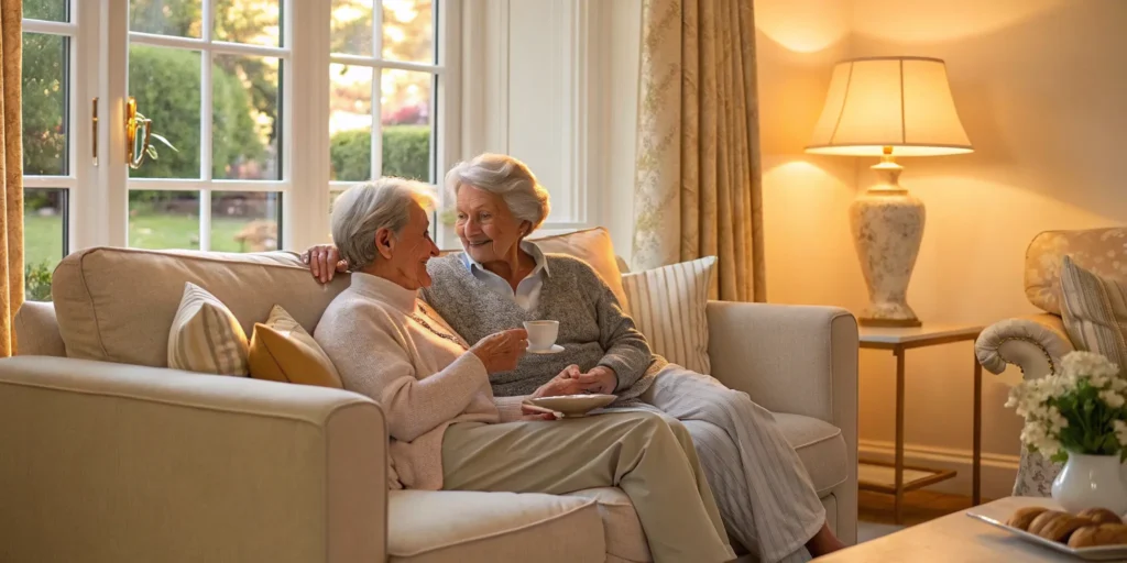 Two elderly women enjoying companionship, a service included in 24/7 home care prices.