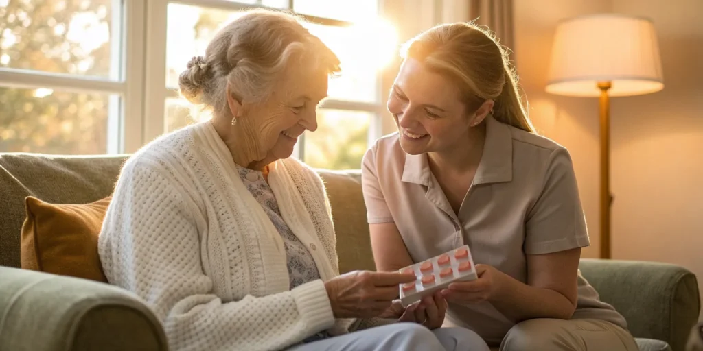 A caregiver gives an older woman assistance with her daily medications at home.