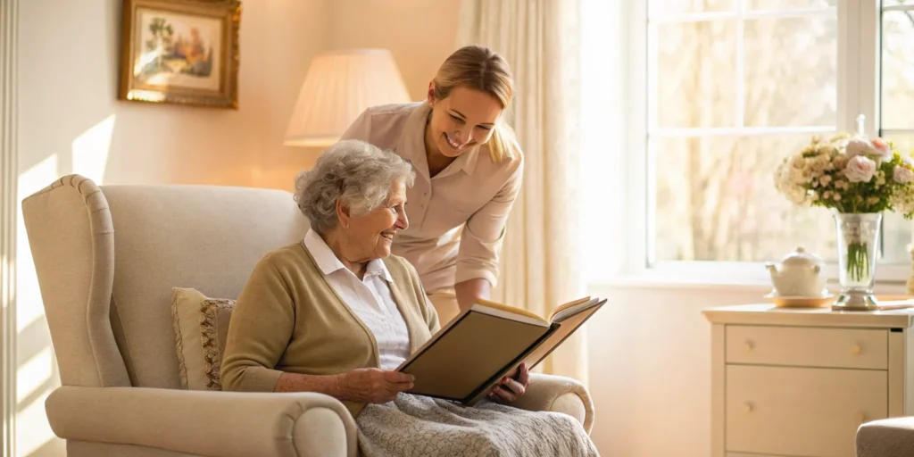 A smiling caregiver helps a senior woman at home, a type of home care that accepts long term care insurance.