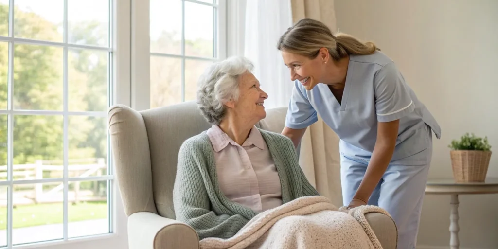 A compassionate caregiver assisting an elderly woman with dementia in her home.