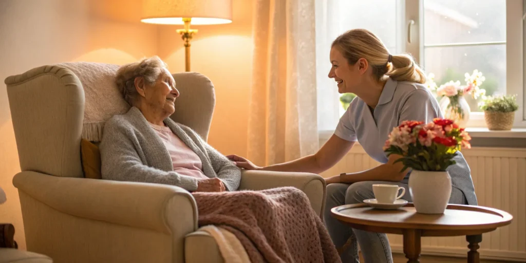 A caregiver helps a senior find home care agencies that accept LTC insurance.