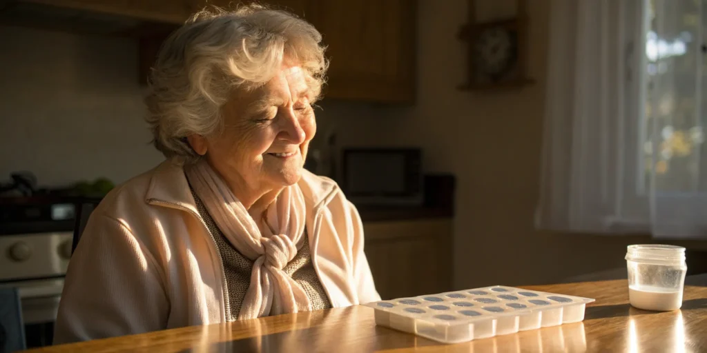 A senior woman uses a pill organizer, a simple and safe medication reminder for seniors.
