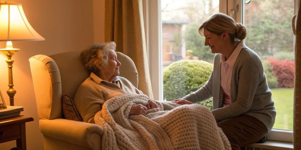 An elderly woman receives companionship from her caregiver as part of 24/7 live-in care.