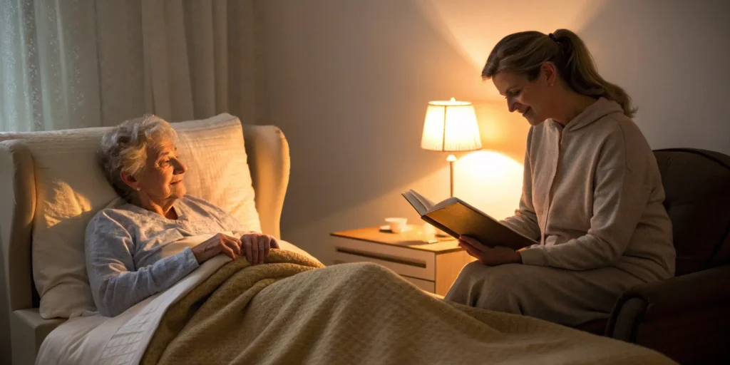 An overnight caregiver assists a senior at her bedside, ensuring she is safe and comfortable.