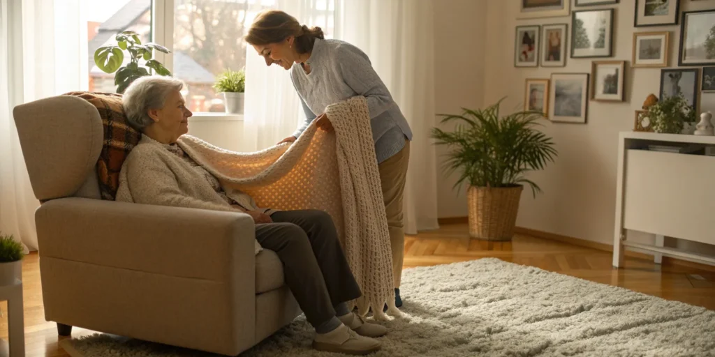 Caregiver providing compassionate 24-hour care for an elderly woman in her own home.