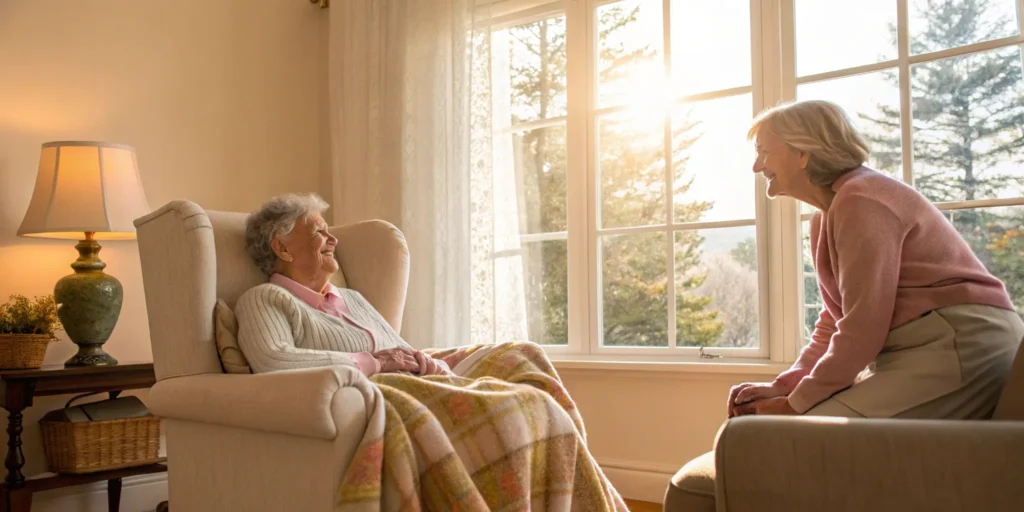 Two older women discussing when someone with dementia should go into a care home.