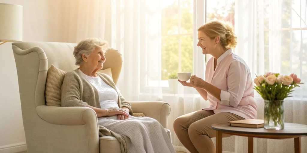 A caregiver provides supportive 24-hour home care for a woman with dementia in a comfortable living room.