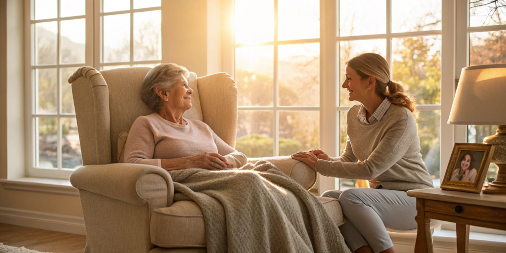 An Alzheimer's home care specialist providing compassionate care for a senior at home.