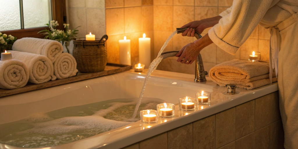 Home health aide preparing a bath to provide safe and dignified bathing assistance.