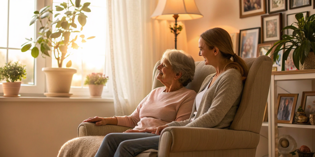 A caregiver provides compassionate help and support for a woman with Alzheimer's at home.