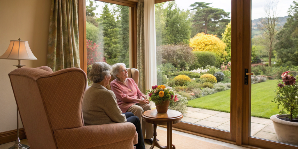 A caregiver provides supportive Alzheimer's home care for an elderly woman in a comfortable living room.