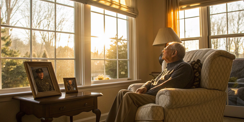 An elderly veteran sits comfortably at home, a key goal of applying for veteran home care.