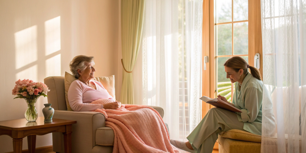 Caregiver calmly reads to a dementia patient to soothe agitation.