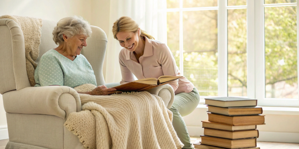 A professional caregiver from a top dementia agency provides companionship to a senior woman.