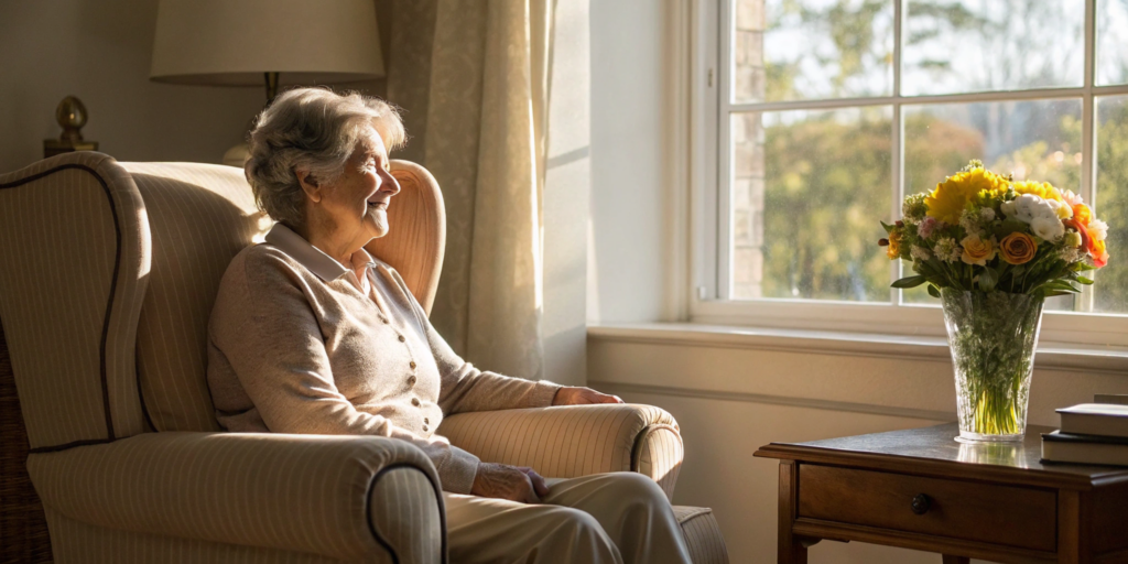 A senior woman comfortable at home with support from the best full-time caregiver agency.