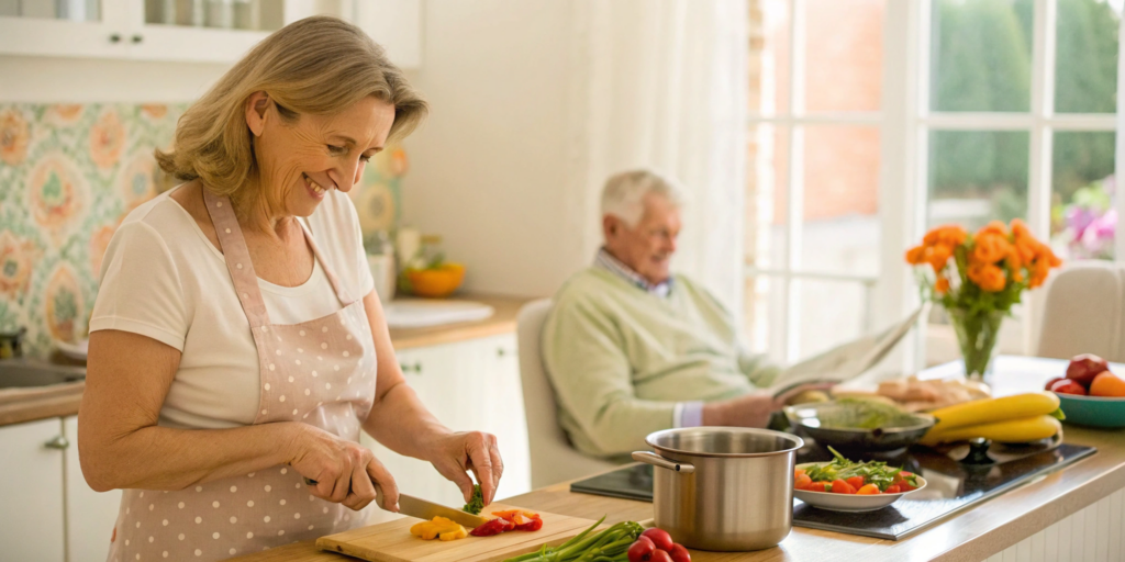 A caregiver who cooks prepares a healthy meal for a senior man in his kitchen.