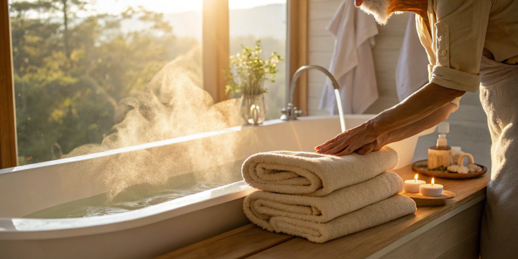 A warm, accessible bathroom prepared to safely bathe an elderly person and prevent falls.