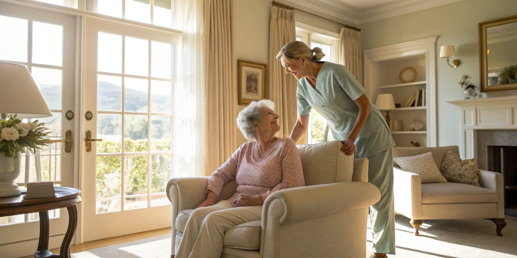 Caregiver helps an elderly woman with a fall risk assessment at home.