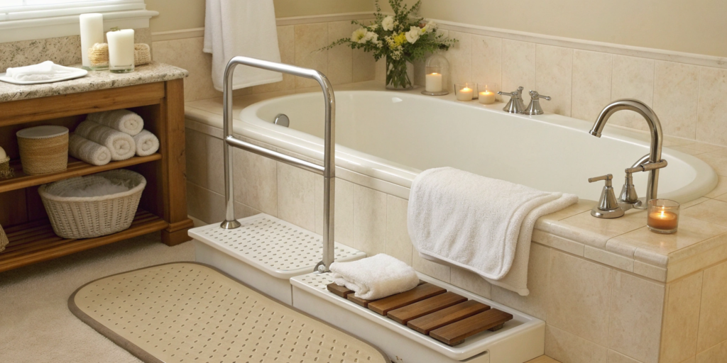 Safe bathroom with grab bars for in-home bathing assistance for elderly.