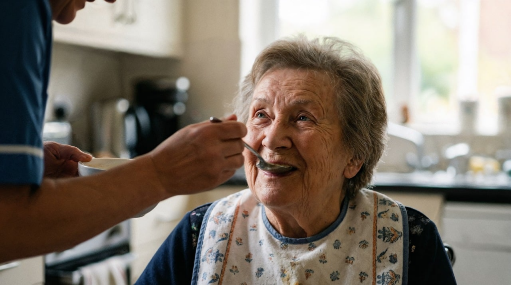 A caregiver feeding an elderly person through a spoon