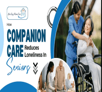 Features benefits of companion care, including emotional wellness improvement, promoting social interaction, supporting independence, and reducing loneliness in elderly people with visuals of seniors receiving assistance and care.