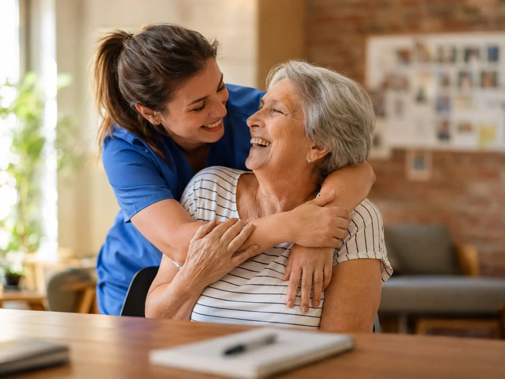a caregiver embracing an elderly woman